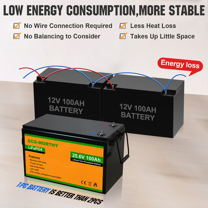 ECO-WORTHY LiFePO4 24V 100Ah Lithium Iron Phosphate Battery