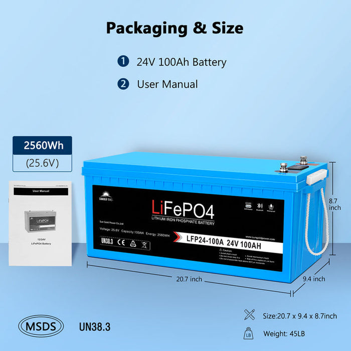 Sungold Power 24V 100AH LiFePO4 Deep Cycle Battery BLUETOOTH / SELF-HEATING