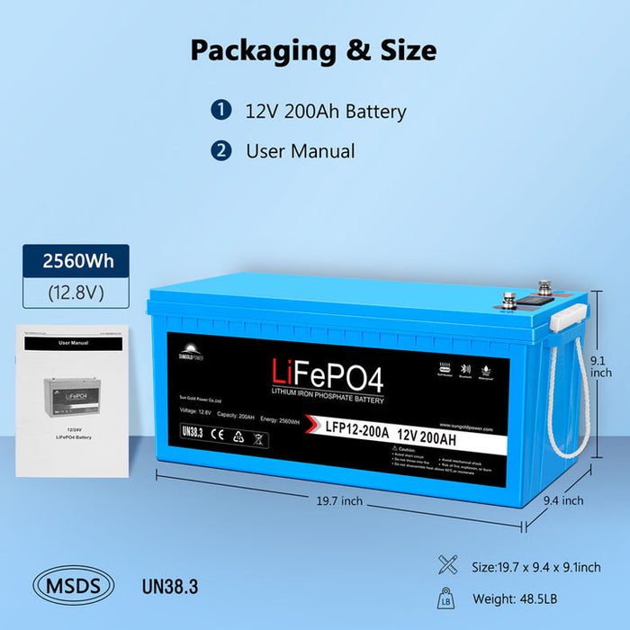 Sungold Power 12V 200AH LiFePO4 Deep Cycle Battery BLUETOOTH / SELF-HEATING