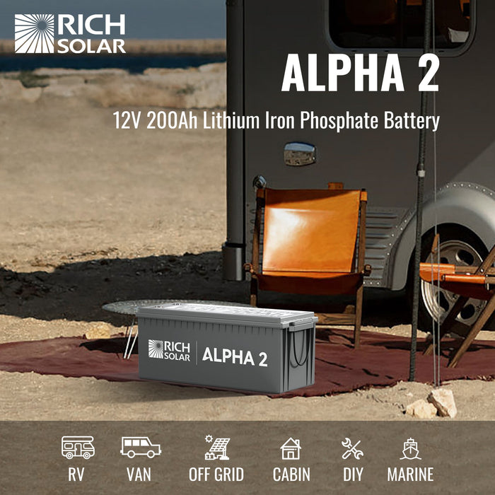 Rich Solar ALPHA 2 | 12V 200Ah LiFePO4 Lithium Iron Phosphate Battery w/ Internal Heat Technology and Bluetooth