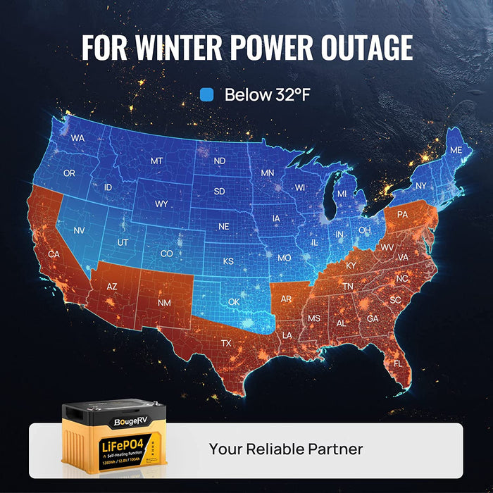 BougeRV 12V 1280Wh/100Ah Self-Heating LiFePO4 Battery