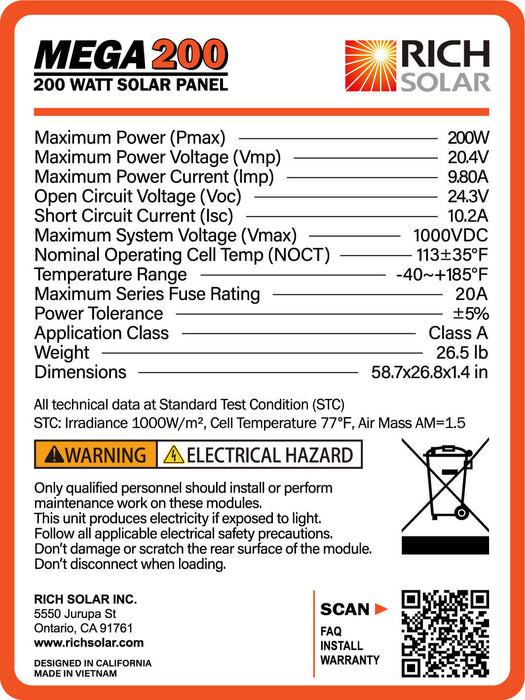 Rich Solar MEGA 200W 12V Monocrystalline Solar Panel