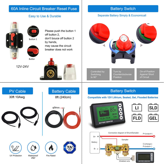 ACOPOWER Lithium Battery Polycrystalline Solar Power 12V Complete Off Grid Solar Kit + Choose Your Custom Package