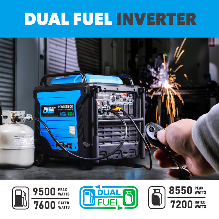 Pulsar 9,500 Watt Super Quiet Dual Fuel Inverter Generator with CO Alert and Remote Start