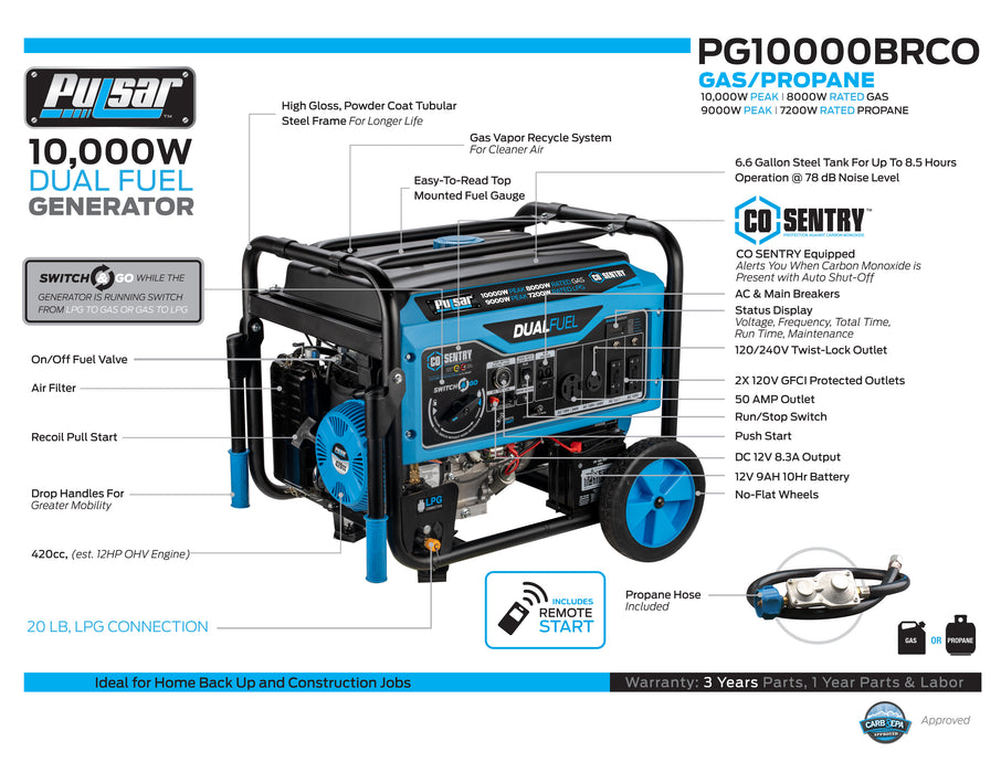 Pulsar 10,000 Watt Dual Fuel Generator with Recoil, Remote, Push Button Start & CO Alert