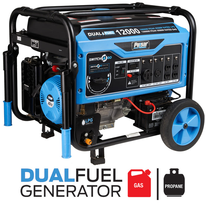 Pulsar 12,000W Dual Fuel Portable Generator with Electric Start and Switch & Go Technology