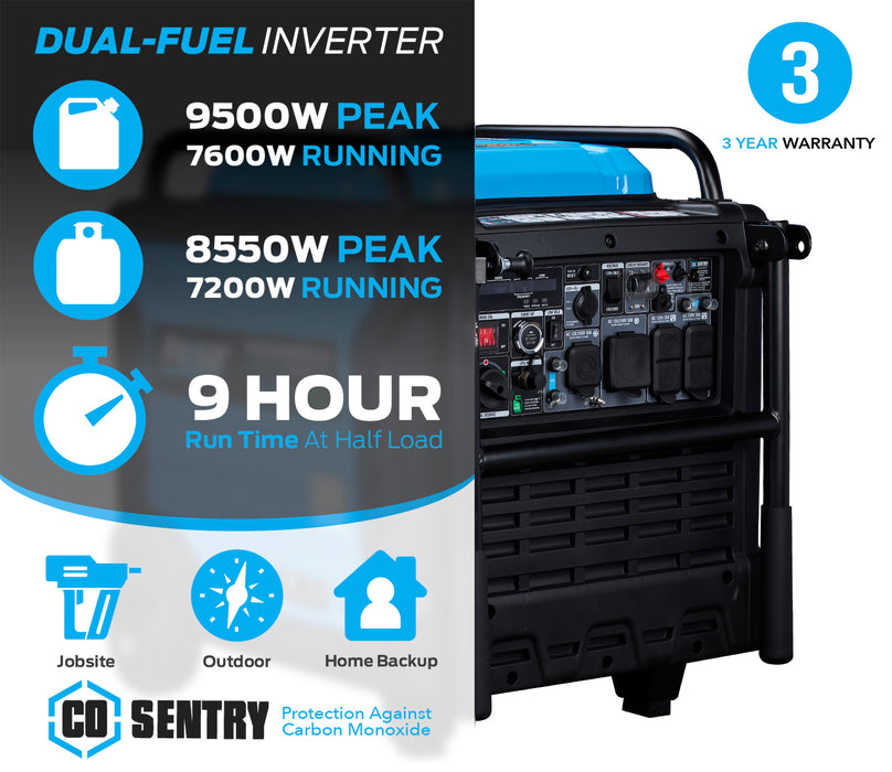 Pulsar 9,500 Watt Super Quiet Dual Fuel Inverter Generator with CO Alert and Remote Start