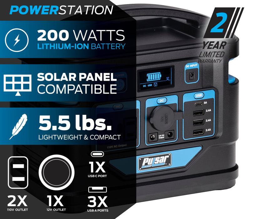 Pulsar 200 Watt Lithium-Ion Portable Power Station with LCD Display and Flashlight