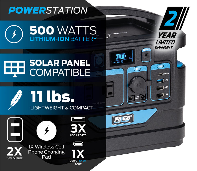 Pulsar 500 Watt Lithium-Ion Portable Power Station with LCD Display and Wireless Charging Pad